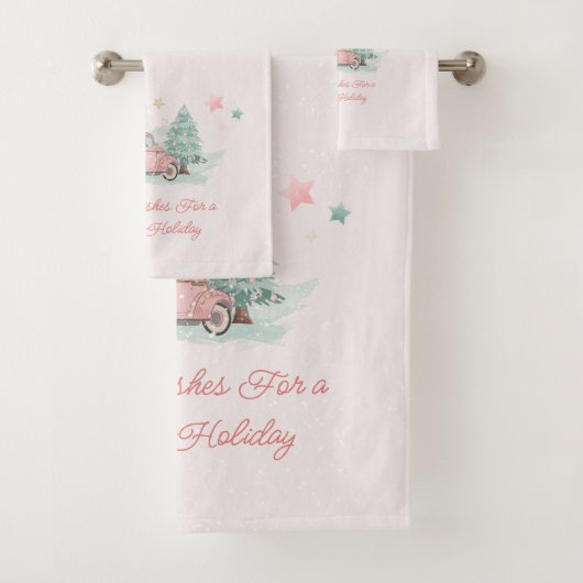 Roze Retro Truck Waterverf kerstboom Bad Handdoek (Insitu)