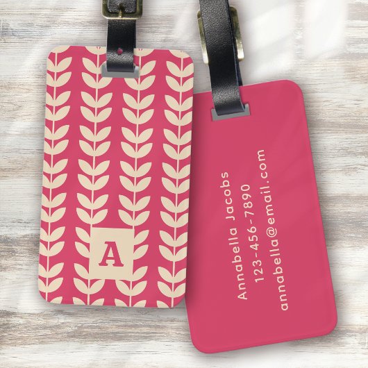 Roze Retro Vibe Bladpatroon Monogram Bagagelabel