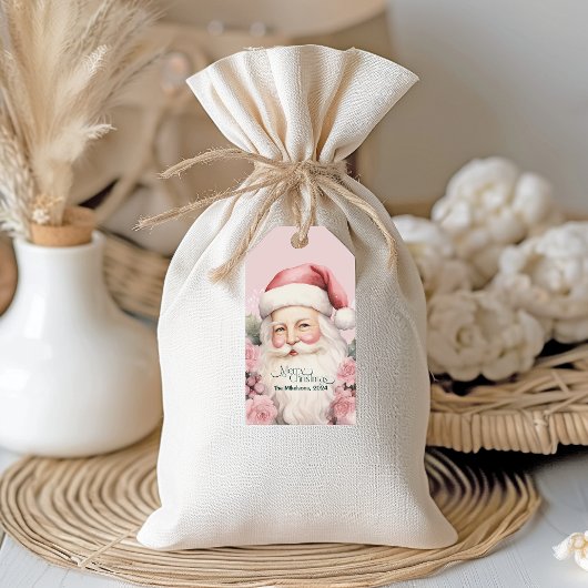 Roze Retro Vintage Kerstman Cadeaulabel