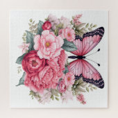 Roze Retro Waterverf Vlinder en Bloemen Legpuzzel (Horizontaal)