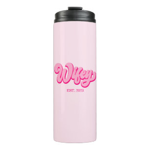 Roze retro Wifey Est. Jaar Bride Fiancé Thermosbeker