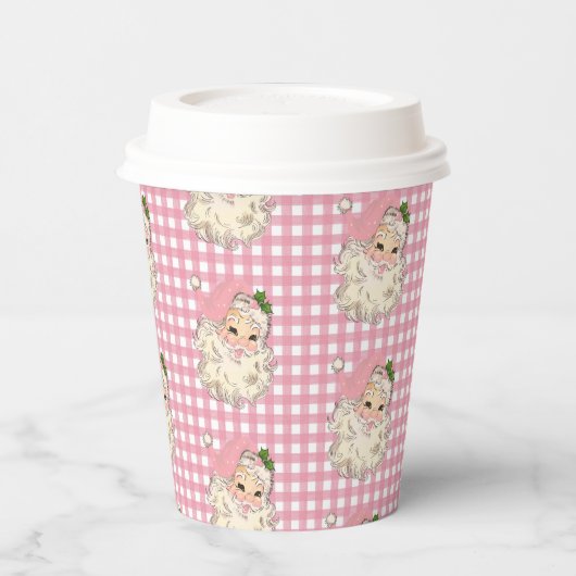 Roze Retrokerstman met roze rand Papieren Bekers (Links)