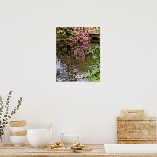 Roze Rhododendron Bloesems Waterreflectie Poster (Keuken)