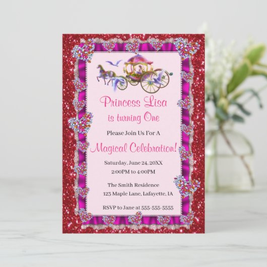 Roze Ribbon Red Glitter Royal Princess Birthday Kaart (Staand voorkant)