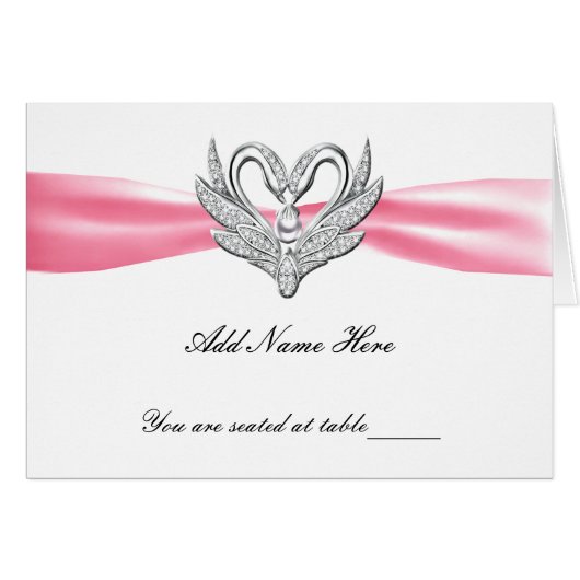 Roze ribbon Silver Swans Folted Table Place Card (Voorkant Horizontaal)