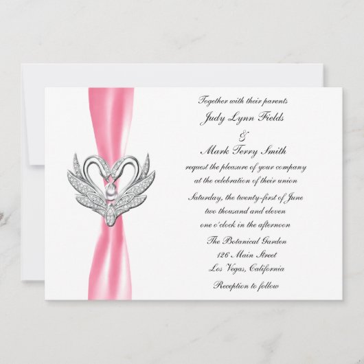 Roze ribbon Silver Swans Invitation Kaart (Voorkant)