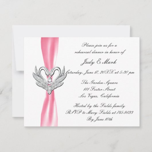 Roze ribbon Silver Swans Rehearsal Dinner Invite Kaart (Voorkant)