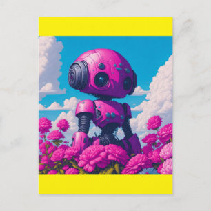 roze robot in roze bloemen briefkaart