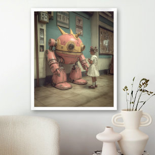 Roze robot jong meisje illustratie  retro poster