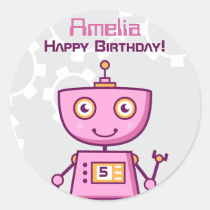 Roze Robot Meisjes Verjaardag Ronde Sticker