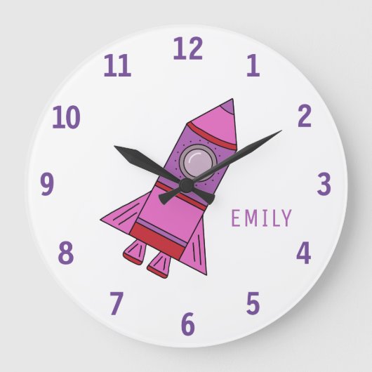 Roze Rocket Ship Girl Name Girly Space Grote Klok (Voorkant)