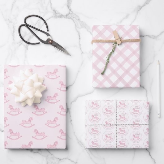 Roze Rocking Horse Baby shower Wrapping Paper Shee (Voorkant)