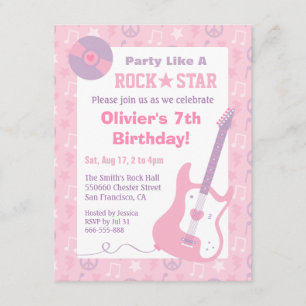 Roze Rockster Meisjes Verjaardagsfeest Uitnodiging