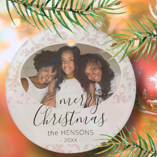 Roze Rococo Prettig Kerstschrift Foto Glas Ornament