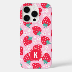 Roze Rode Aardbeien Bloemmotief Monogram iPhone 16 Pro Hoesje