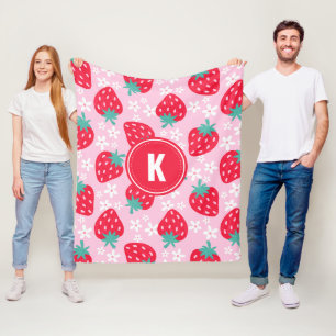 Roze Rode Aardbeien Bloemmotief Monogram Fleece Deken
