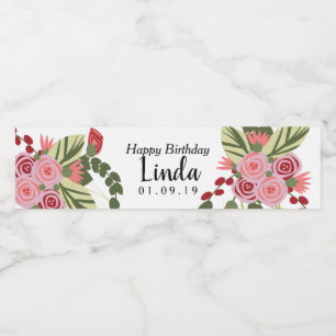 Roze Rode Bloemen Gelukkige Verjaardag Waterfles Etiket