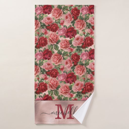  Roze Rode Bloemen Roze Rose Goud Monogrammed Badhanddoek (Badhanddoek)