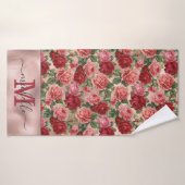  Roze Rode Bloemen Roze Rose Goud Monogrammed Badhanddoek (Badhanddoek)