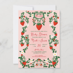 Roze & Rode Bloemslingers Aardbeien Baby Shower Kaart