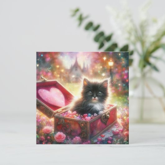 Roze Rode Candy Hearts Tuxedo Kitten Valentijnskaa Feestdagenkaart (Staand voorkant)