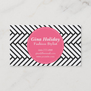 Roze rode cirkel op zwart en wit herringbone visitekaartje