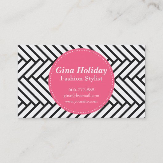 Roze rode cirkel op zwart en wit herringbone visitekaartje (Voorkant)