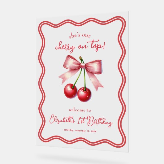 Roze Rode Coquette Cherry 1e Verjaardag Welkom Acryl Bord (Hoek)