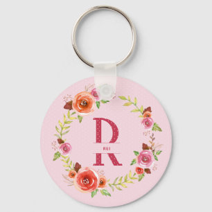 Roze, rode en Oranje Waterverf, Floral Wreater Sleutelhanger