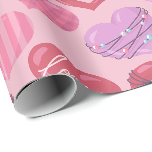 Roze, rode en Paarse liefdesharten Cadeaupapier (Rol Hoek)