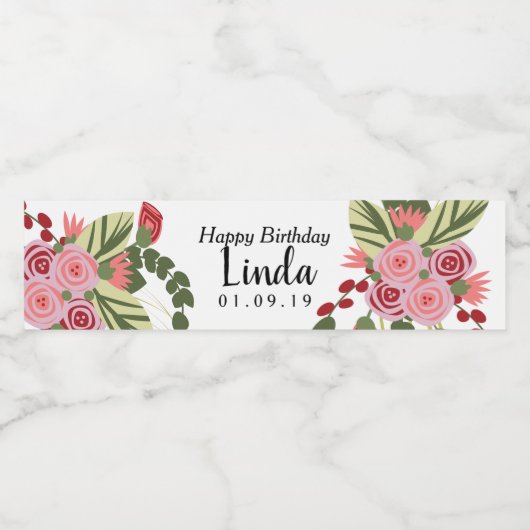 Roze rode Florals Happy Birthday Waterfles Etiket (Enkel label)