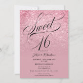 Roze rode glitter ombre chic script paars Sweet 16 Kaart (Voorkant)