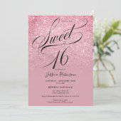 Roze rode glitter ombre chic script paars Sweet 16 Kaart (Staand voorkant)