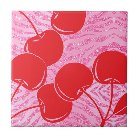 Roze Rode Glitter Zebra Kersen Tegeltje (Voorkant)