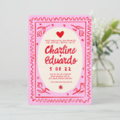 Roze Rode Hand getrokken golvende retro bruiloft Kaart (Staand voorkant)