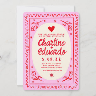 Roze Rode Hand getrokken golvende retro bruiloft Kaart