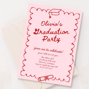 Roze Rode Hand getrokken Graduation Party Kaart