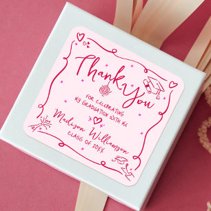 Roze Rode Handgetekende Doodles Afstudeer Dank Je Vierkante Sticker