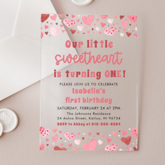 Roze Rode Harten Kleine Zoetje Eerste Verjaardag Acryl Uitnodigingen