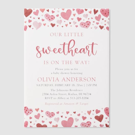 Roze Rode Harten Onze Kleine Liefje Baby Shower Vellum Uitnodigingen (Voorkant)