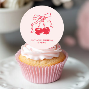 Roze & Rode Kersen Verjaardag Ronde Sticker