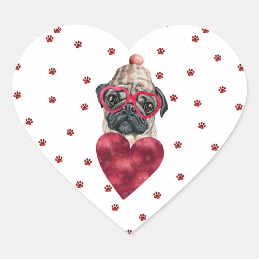 Roze rode poten Harde Pug Dog Valentijnse Hart Sticker (Voorkant)