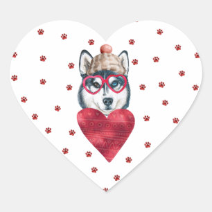 Roze rode poten Siberian Husky Dog Valentijnse Hart Sticker