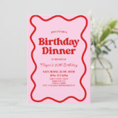 Roze Rode Retro Wavy Border Verjaardag Dinner Part Kaart (Staand voorkant)