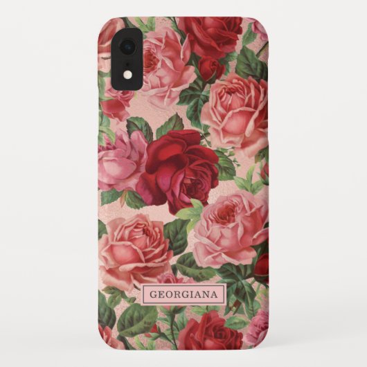  Roze Rode Roos Bloem Gepersonaliseerde Naam Case-Mate iPhone Case (Achterkant)