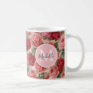 Roze Rode Roos Bloemen Monogrammed Mok