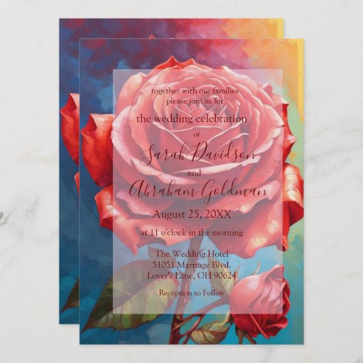 Roze Rode Rozen Abstracte bruiloft uitnodiging (Voorkant / Achterkant)