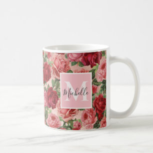 Roze Rode Rozen Bloemen Monogrammed Koffiemok