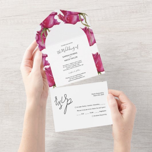 Roze rode rozen Waterverf handgeschilderd All In One Uitnodiging (Afscheurbaar)