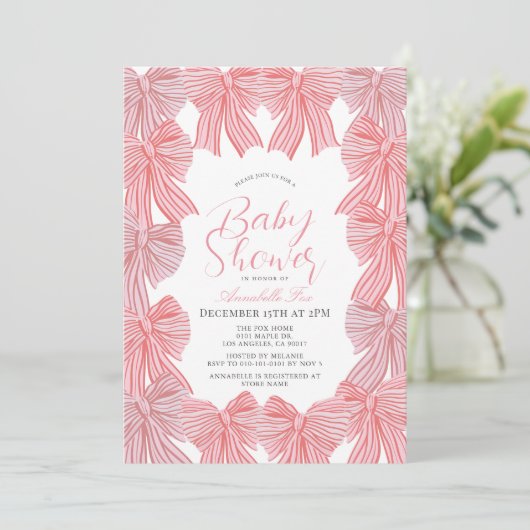 Roze & Rode strik/lint Coquette Meisje Baby shower Kaart (Staand voorkant)